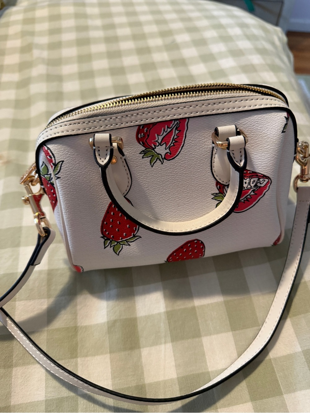 White coach Strawberry Print Crossbody Satchel mini Rowan